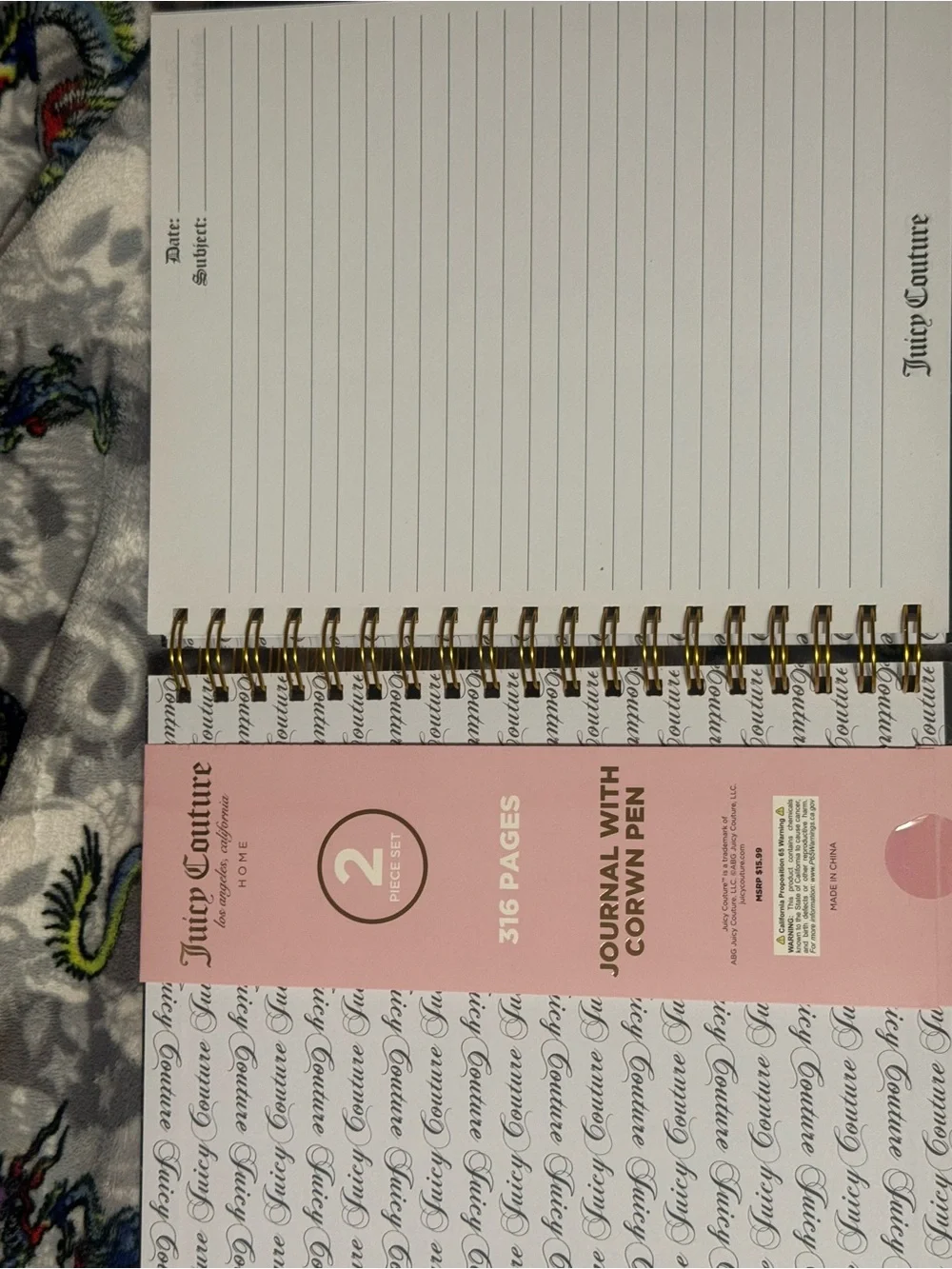 Juicy Couture Black & Gold Spiral Journal with Crown-Topped Pen